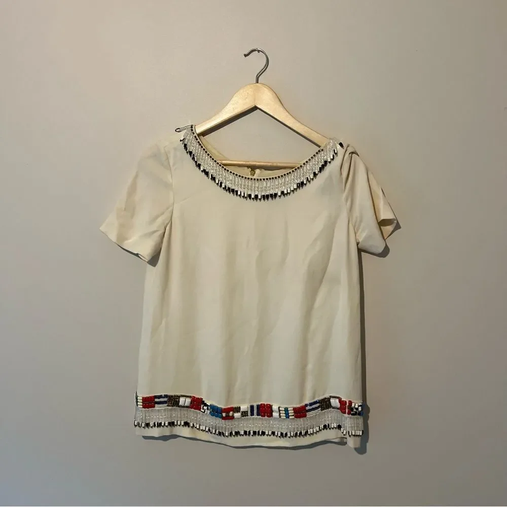 Tory Burch Jace cream blouse with multicolored beads western Aztec vintage Size4 - Picture 14 of 14
